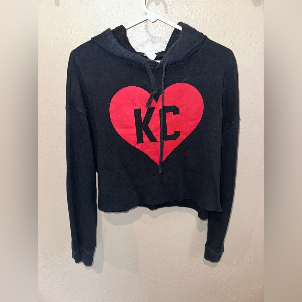 Black Cropped Hoodie with Red Heart KC Graphic